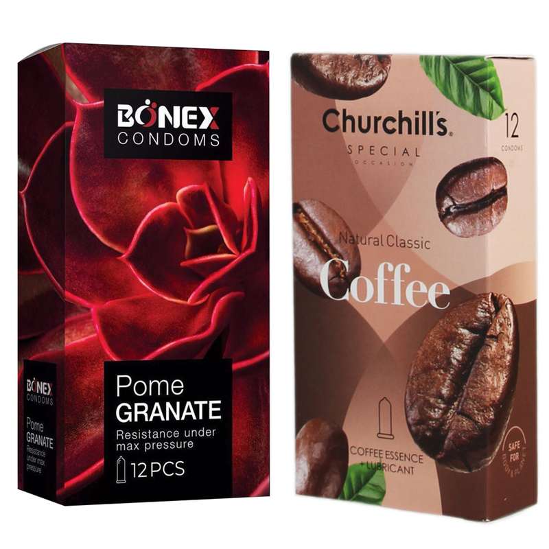 کاندوم چرچیلز مدل Coffee بسته 12 عددی به همراه کاندوم بونکس مدل Pome Granate بسته 12 عددی کاندوم چرچیلز مدل Coffee بسته 12 عددی به همراه کاندوم بونکس مدل Pome Granate بسته 12 عددی