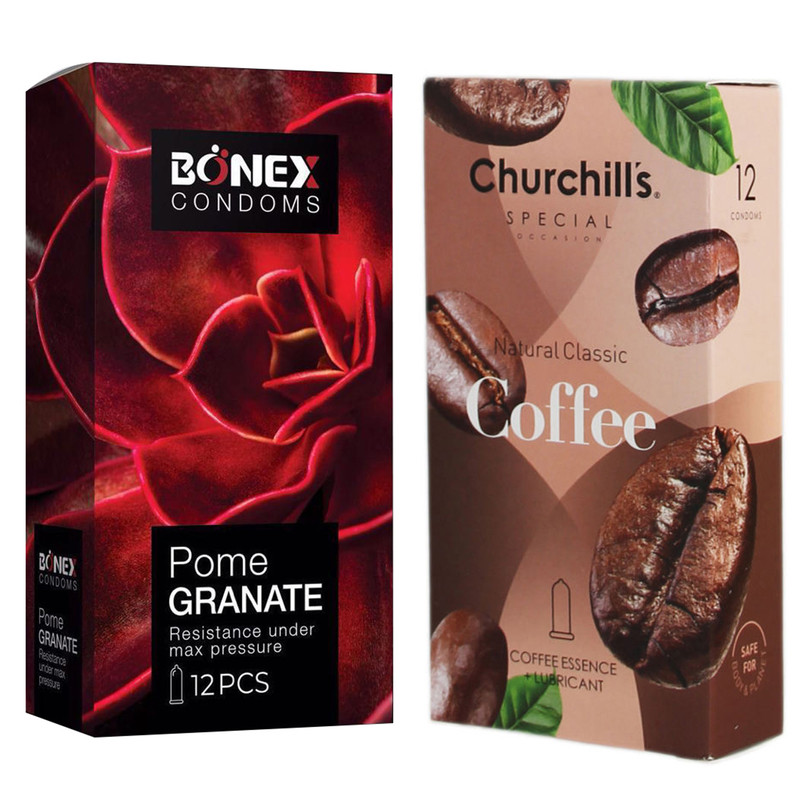کاندوم چرچیلز مدل Coffee بسته 12 عددی به همراه کاندوم بونکس مدل Pome Granate بسته 12 عددی کاندوم چرچیلز مدل Coffee بسته 12 عددی به همراه کاندوم بونکس مدل Pome Granate بسته 12 عددی