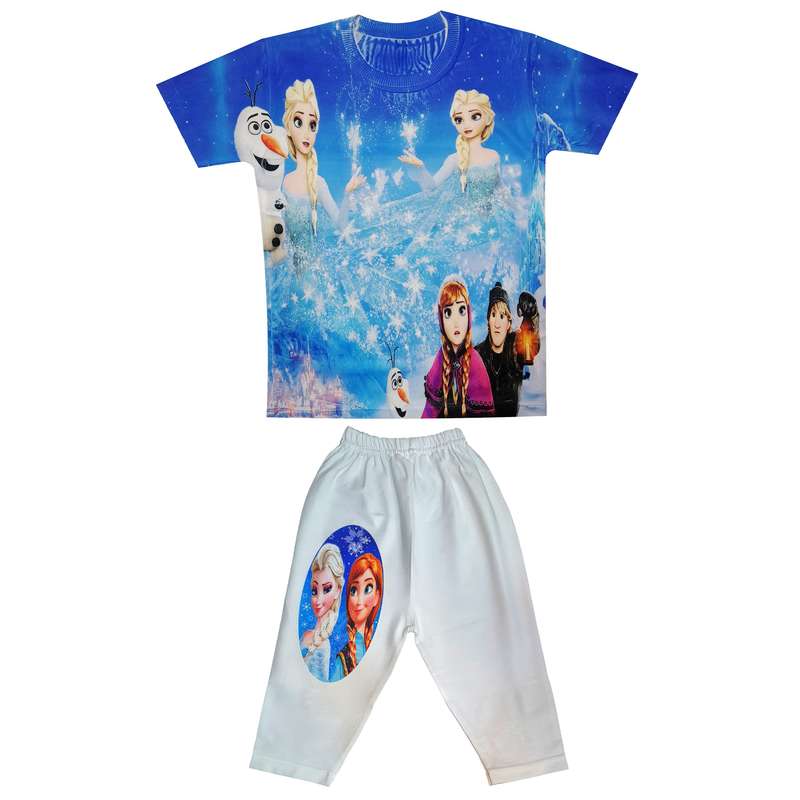 ست تی شرت آستین کوتاه و شلوارک دخترانه مدل السا و آنا کد XS90