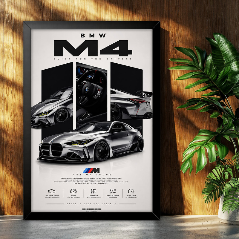 تابلو بکلیت طرح ماشین و خودرو بی ام و BMW M4 مدل B-az1023 فریم مشکی