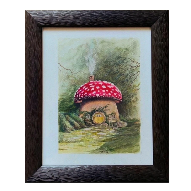 تابلو نقاشی آبرنگ به سبک رئال طرح کلبه قارچی
