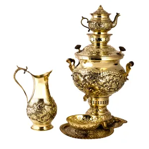 سرویس سماور ذغالی 5 پارچه برنجی مدل مهسان کد 405