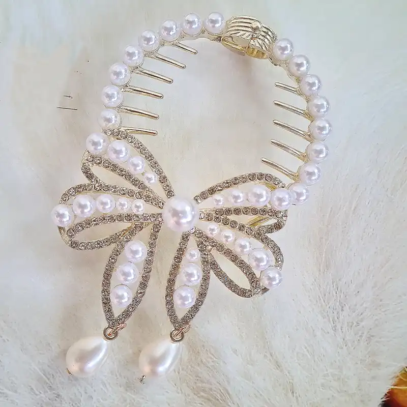 گیره مو زنانه مدل گوجه ای پاپیون مرواریدی کد 4275