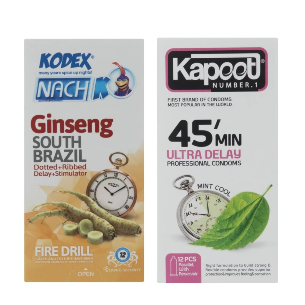 قیمت روز کاندوم تاخیری کاپوت مدل 45MIN بسته 12 عددی به همراه کاندوم خاردار کدکس مدل GINSENG بسته 12 عددی خرید