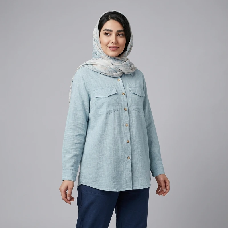 مانتو زنانه چهارخانه با دکمه آستین بلند الیاف نخی مدل 0303