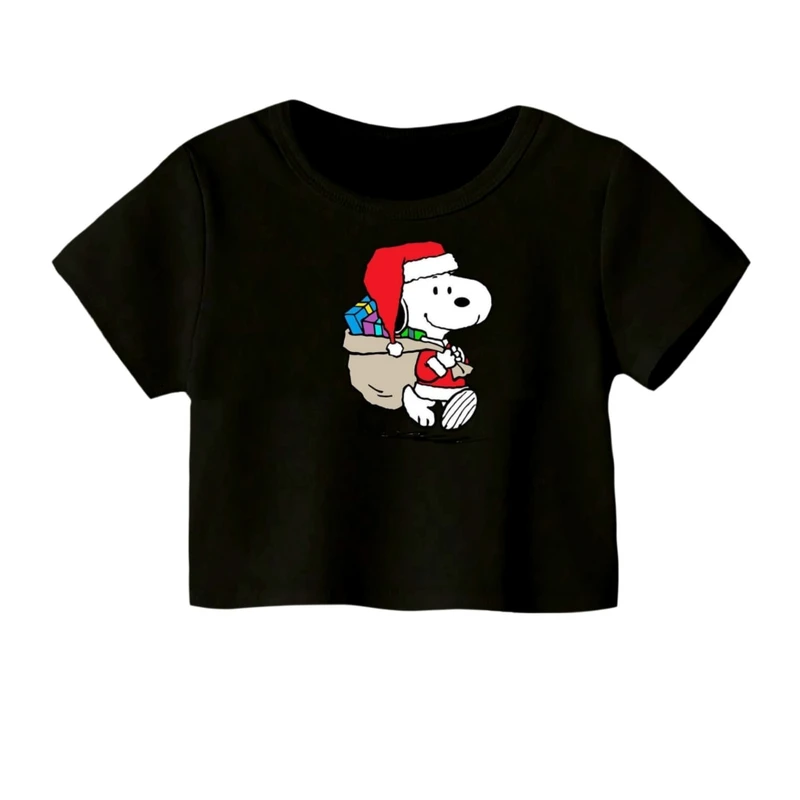 کراپ‌ تی‌شرت آستین کوتاه زنانه مدل اسنوپی کریسمس کد 2