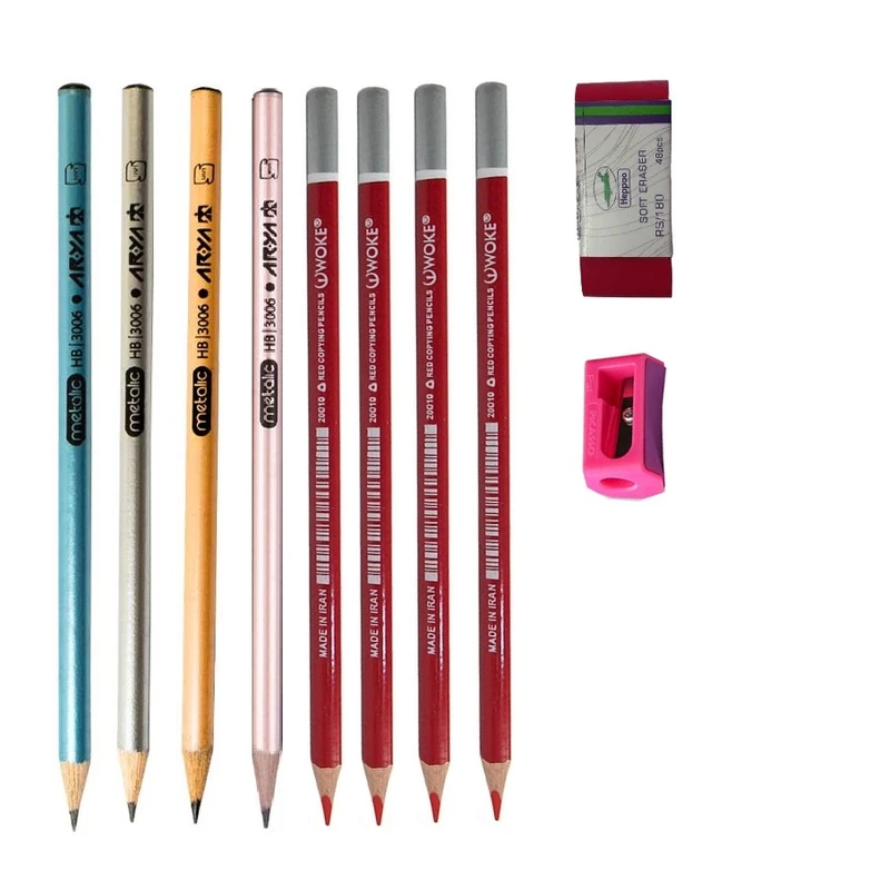 مداد مشکی آریا مدل کمان به همراه مداد قرمز و تراش و پاکن مجموعه 10عددی