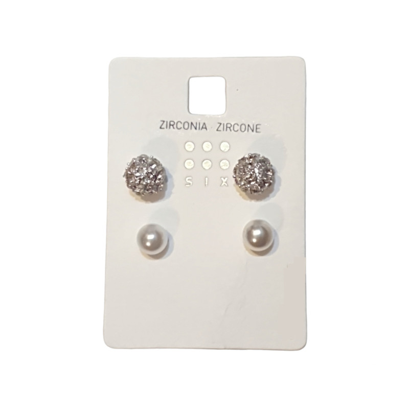 گوشواره زنانه سیکس مدل توپ نگینی و مرواریدی مجموعه دو عددی