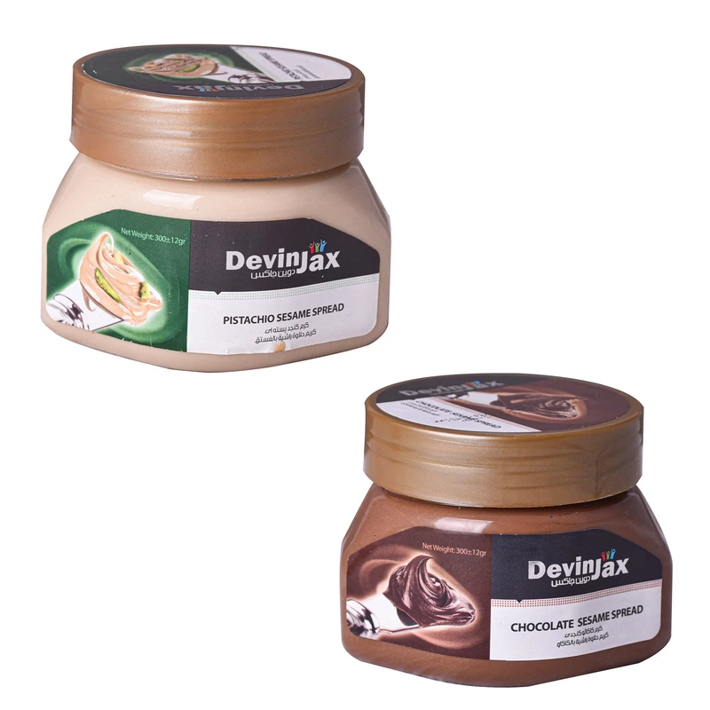 کرم کنجد شکلاتی دوین جاکس - 300 گرم به همراه کرم کنجد پسته ای دوین جاکس - 300 گرم