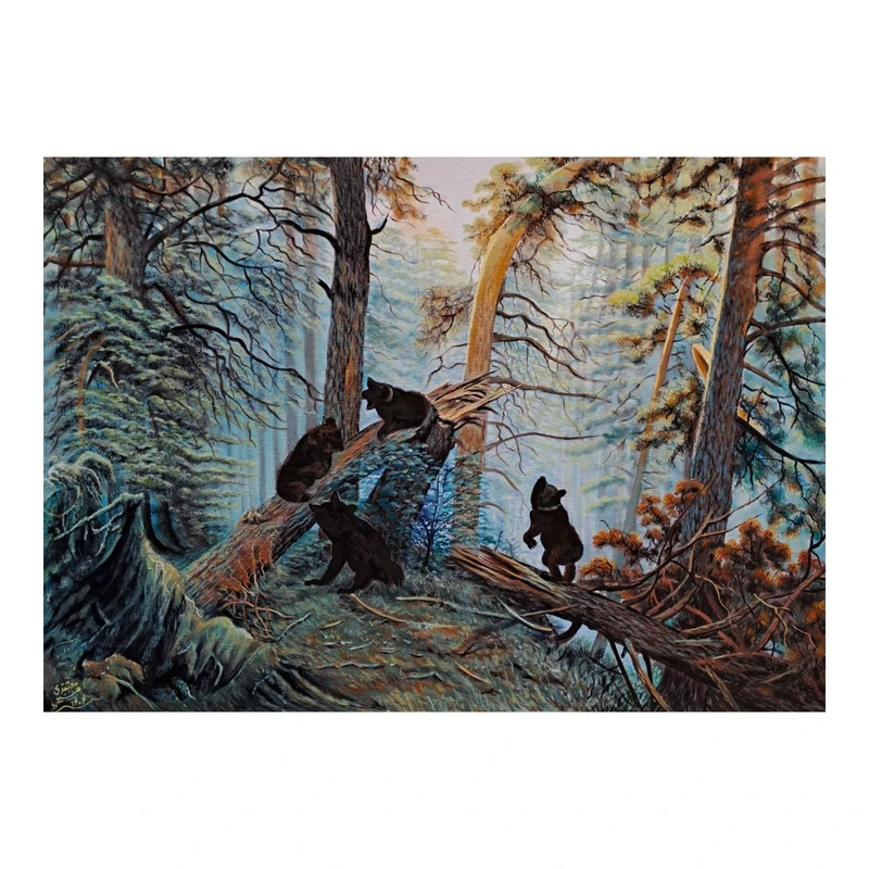 تابلو نقاشی رنگ روغن به سبک رئالیسم طرح صبح در جنگل کاج