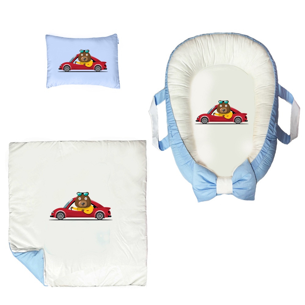 سرویس خواب سه تکه نوزاد مدل گارد محافظ دار طرح ماشین خرسی کد 026