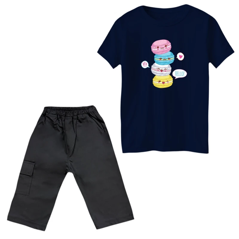 ست تی‌شرت و شلوارک دخترانه مدل ماکارون رنگ سرمه ای