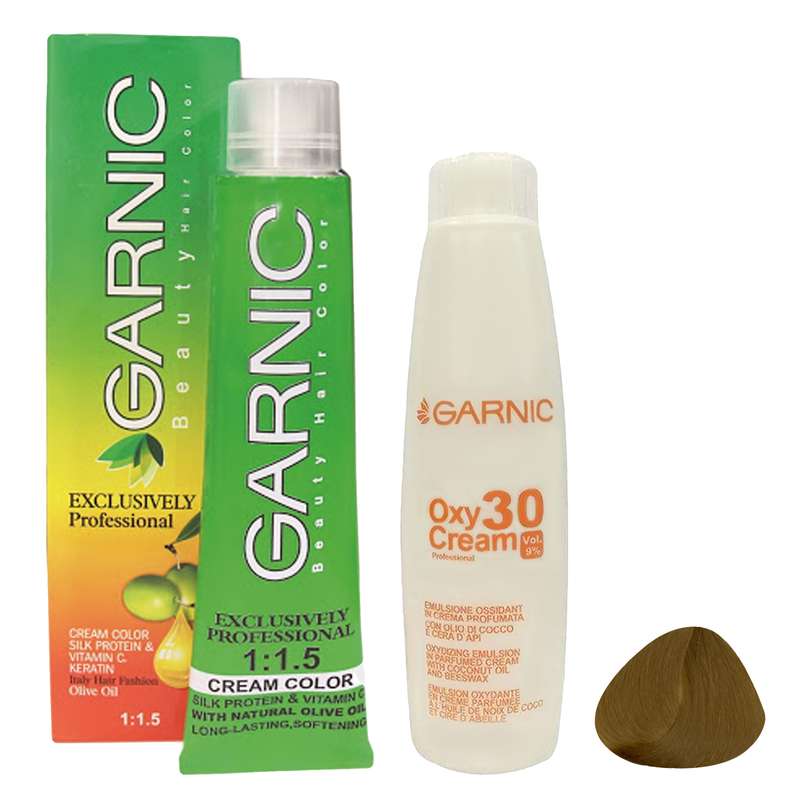 رنگ مو گارنیک شماره 6.5 حجم 120 میلی لیتر رنگ بلوند طلایی تیره به همراه اکسیدان مدل 30vol نه درصدی حجم 180 میلی لیتر