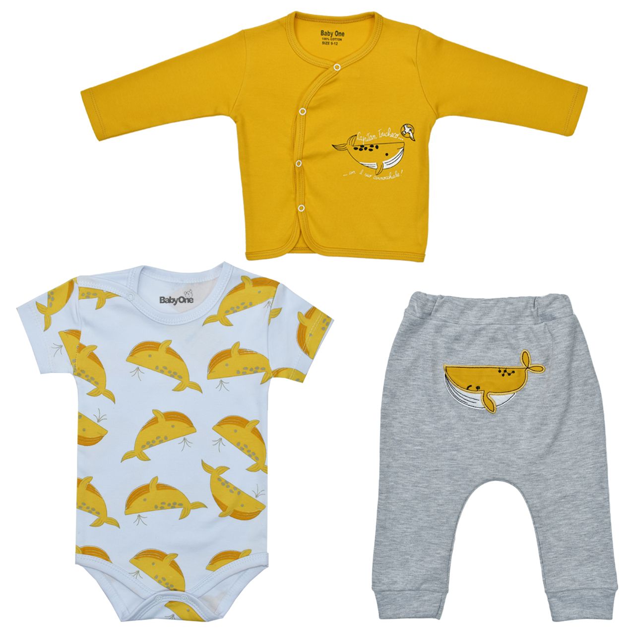 ست 3 تکه لباس نوزادی بی بی وان مدل نهنگ رنگ زرد
