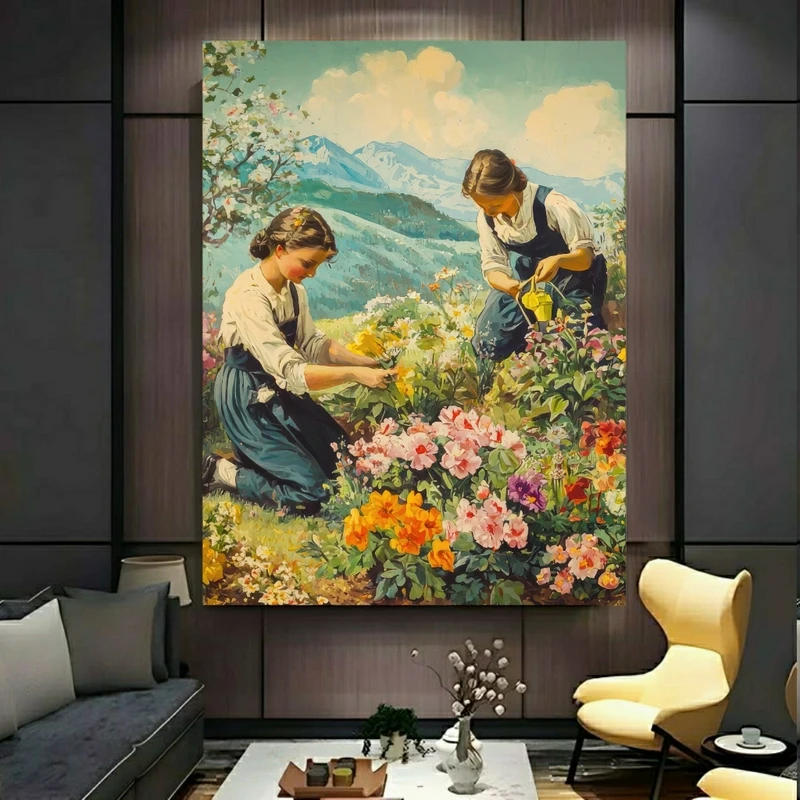 پوستر پارچه ای طرح مخمل  دو دختر مدل چیدن گل در دامنه کد PY925