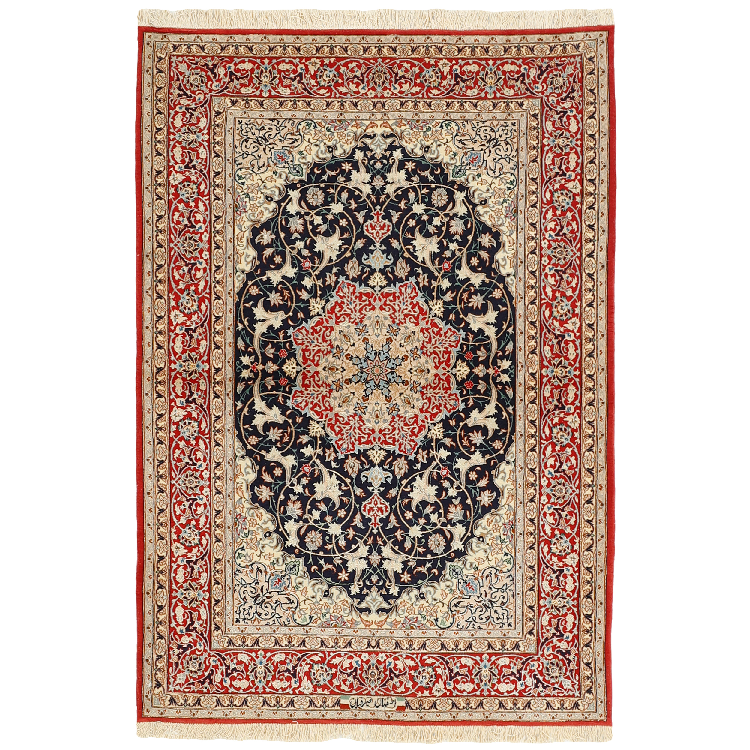 فرش قدیمی دستبافت دو متری مدل چله و گل ابریشم اصفهان کد 1216
