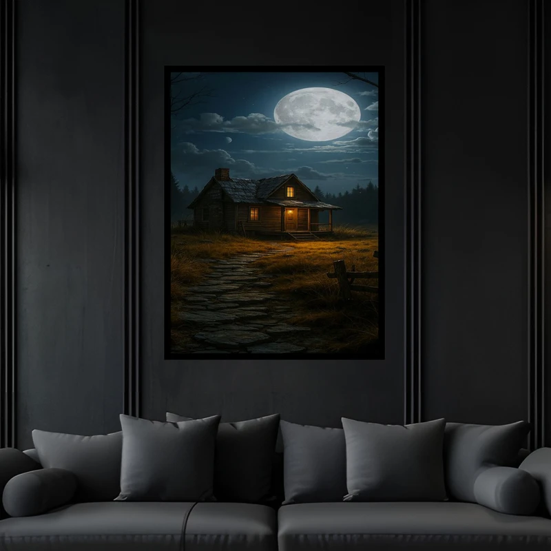 تابلو بکلیت طرح کلبه جنگلی و آسمان شب و ماه مدل B-bu6430 فریم مشکی