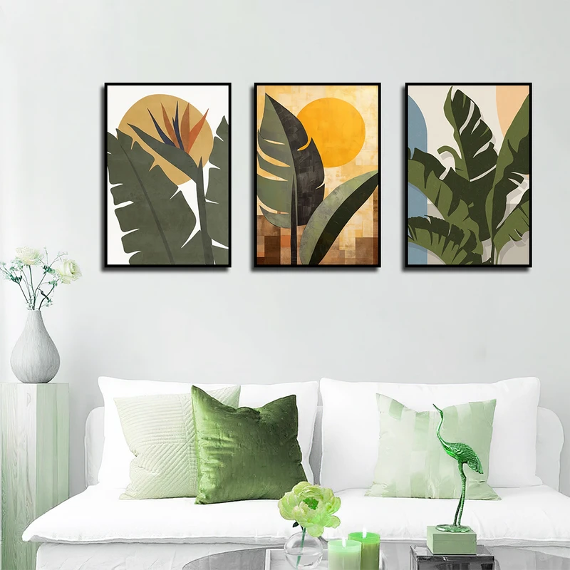 تابلو بکلیت طرح مینیمال برگ مدل B-3231 فریم مشکی مجموعه 3 عددی