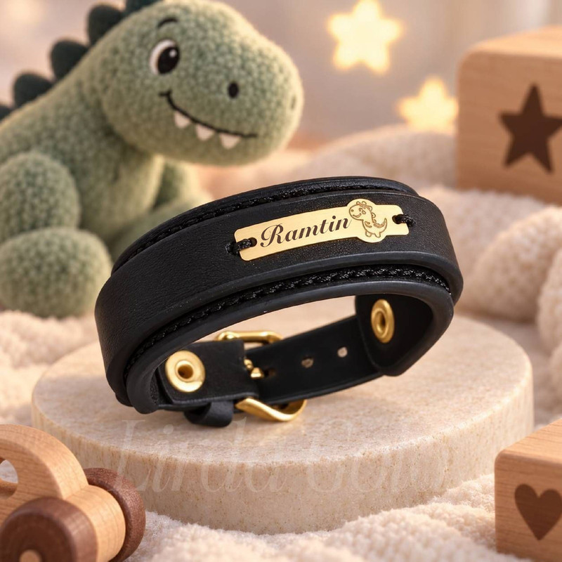 دستبند طلا 18 عیار بچگانه با بند چرمی لیردا مدل اسم رامتین 123595