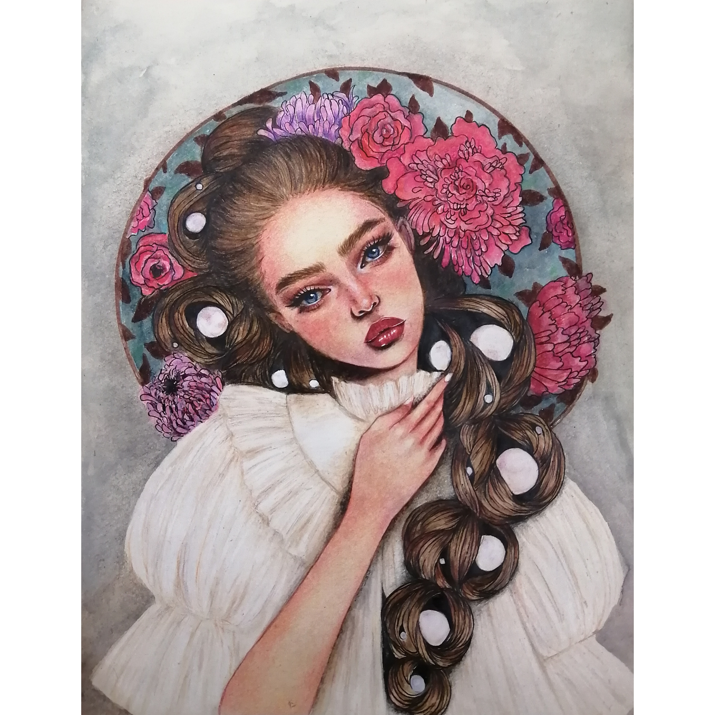 تابلو نقاشی آبرنگی مدل دختر و گل