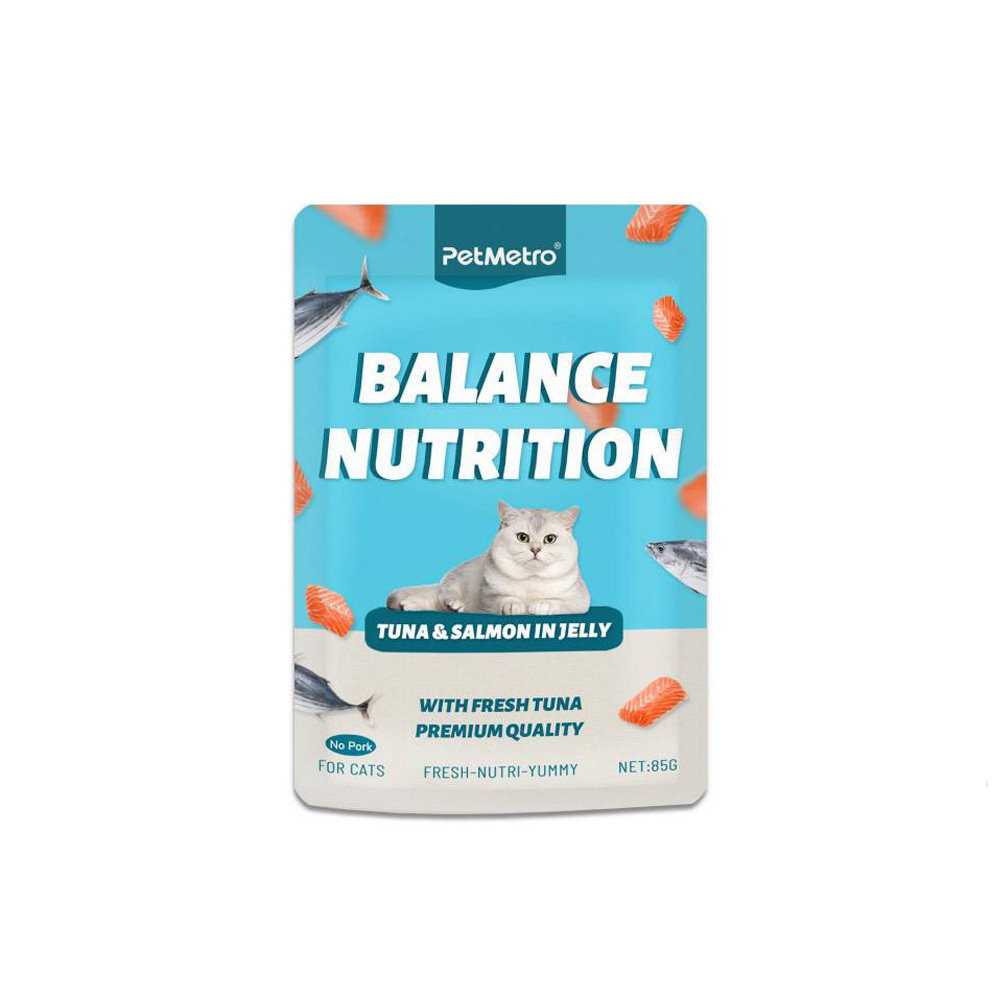 پوچ گربه بالغ پت مترو مدل بالانس نوتریشن طعم تن و ماهی سالمون وزن 85 گرم