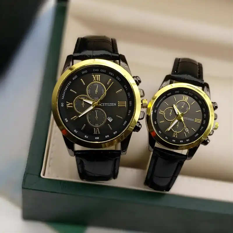 ست ساعت مچی عقربه ای زنانه و مردانه مدل تک موتوره بند چرم کد CITZ2