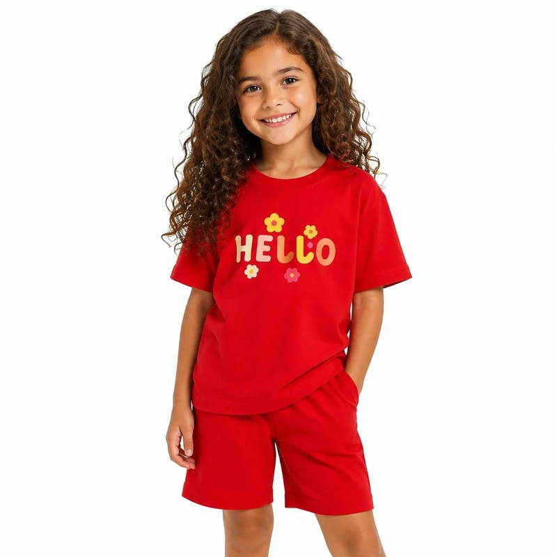 ست تی‌شرت آستین کوتاه و شلوارک راحتی دخترانه مدل HELLO