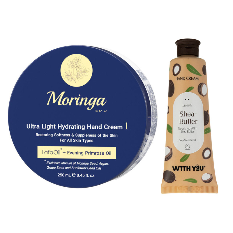 کرم مرطوب کننده مورینگا امو کد 2 حجم 250 میلی لیتر به همراه کرم مرطوب کننده ویت یو مدل Shea Butter حجم 50 میلی لیتر