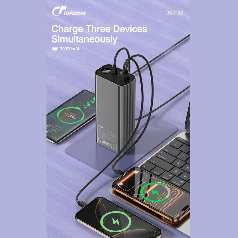 پاوربانک 22.5 وات توپومکس مدل F160 ظرفیت 30000 میلی آمپر ساعت به همراه کابل USB-C
