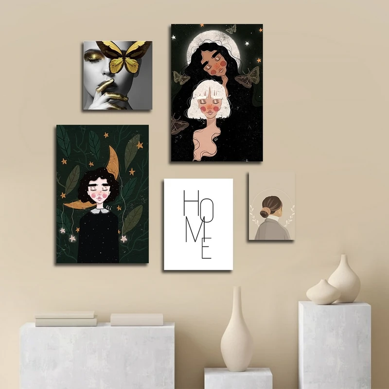 تابلو شاسی بکلیت طرح نقاشی فانتزی و مینیمال مدل SH-2646 مجموعه 5 عددی