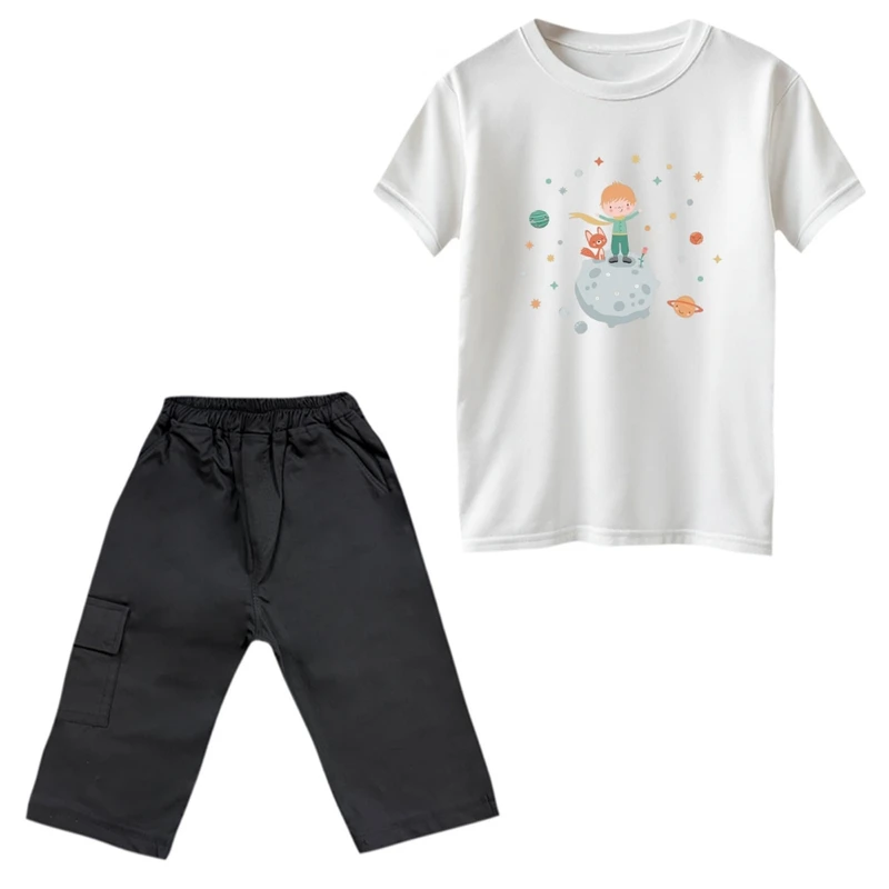 ست تی‌شرت و شلوارک پسرانه مدل شازده کوچولو و روباه کد 9 رنگ سفید