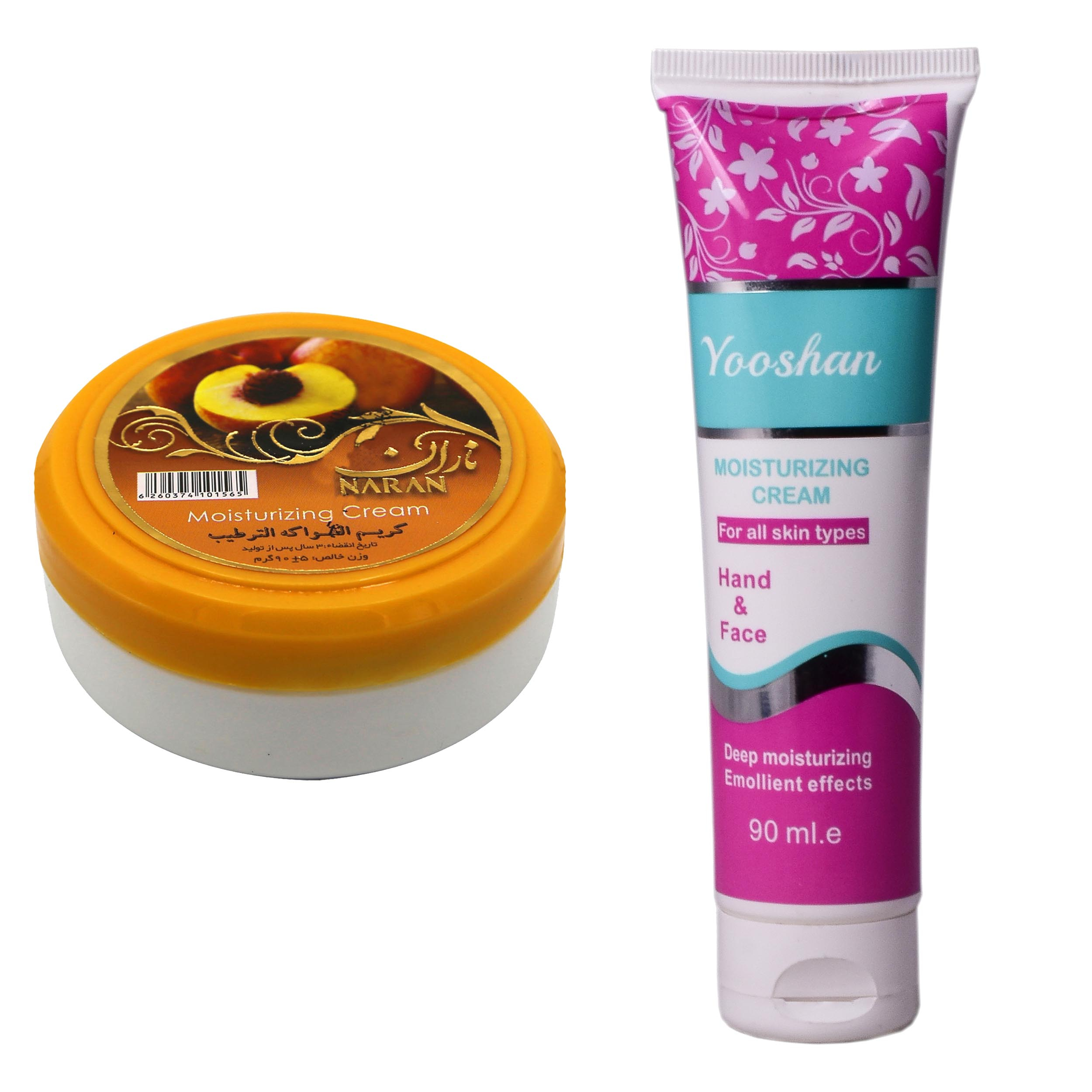 کرم مرطوب کننده یوشان مدل روغن بادام حجم 90 میلی لیتر به همراه کرم مرطوب کننده ناران مدل هلو وزن 140 گرم