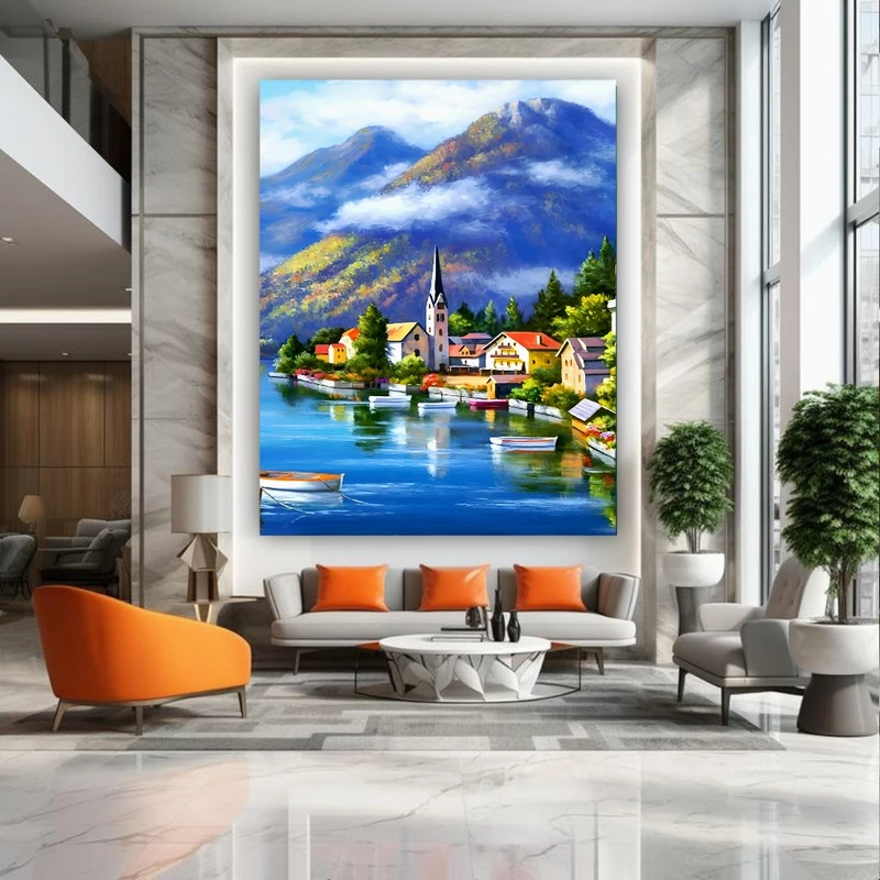 تابلو بوم طرح مخمل نقاشی دریاچه مدل شهر سرسبز کد PY383