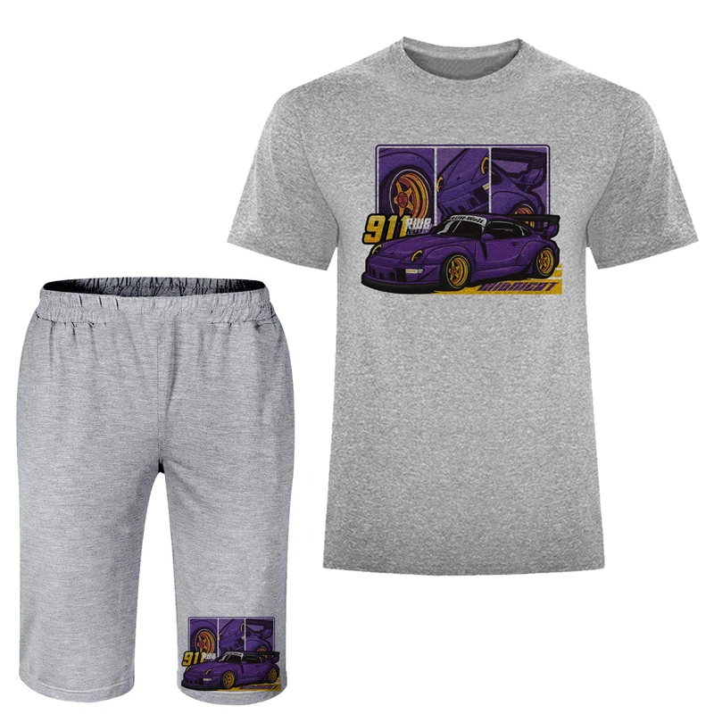 ست تی شرت آستین کوتاه و شلوارک راحتی مردانه مدل ماشین A273 رنگ طوسی