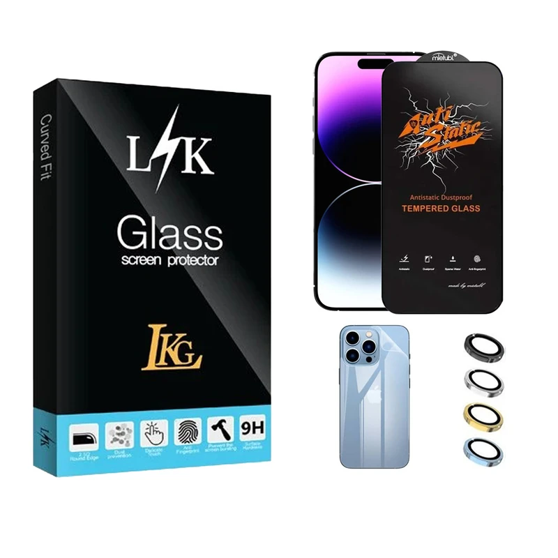 محافظ صفحه نمایش ال کا جی مدل انتی استاتیک مناسب برای گوشی موبایل اپل iPhone 14 Pro Max به همراه محافظ پشت گوشی و محافظ لنز