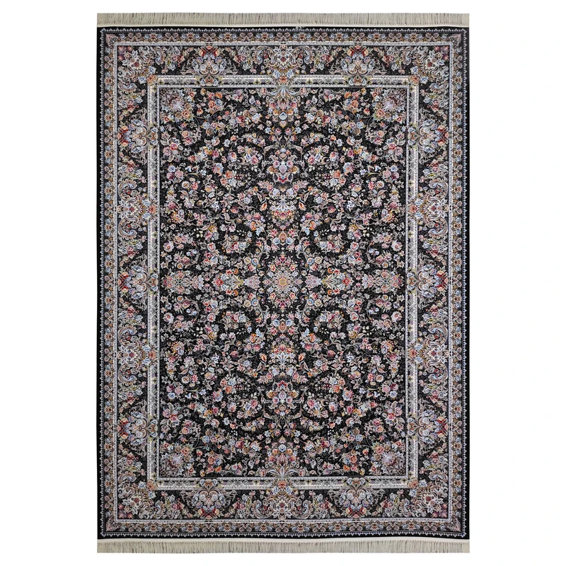 فرش ماشینی 1500 شانه فرش مشهد زمینه مشکی حاشیه مشکی مدل 815052