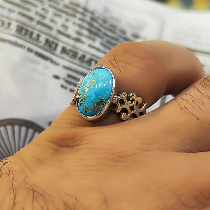 انگشتر نقره مردانه مدل سنگ فیروزه نیشابور رکاب دست ساز کد ۳۴۹۰۰