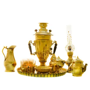 سرویس سماور ذغالی 14 پارچه برنجی مدل سوزنی ترک دار کد 4290
