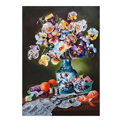 تابلو نقاشی رنگ روغن طرح گلدان گل بنفشه کد 1