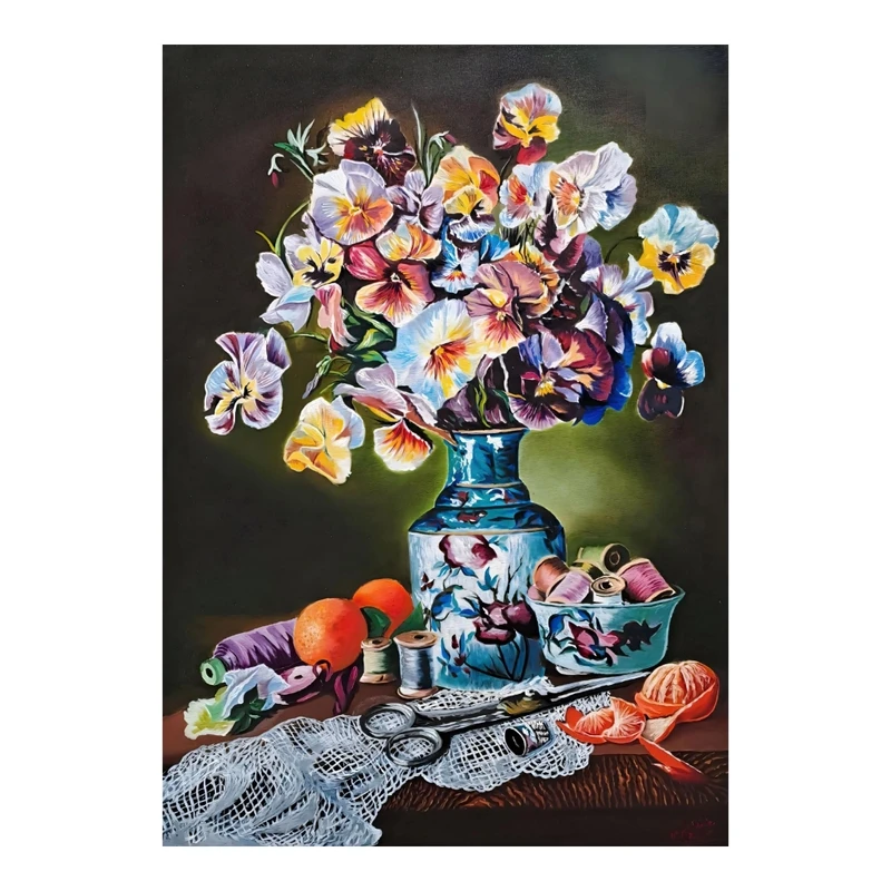 تابلو نقاشی رنگ روغن طرح گلدان گل بنفشه کد 1