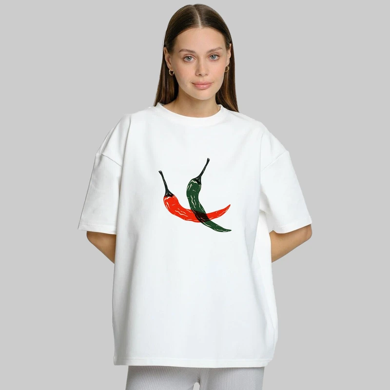 تی شرت زنانه پنبه دورو مینیمال طرح دار فلفل رنگیSPICY