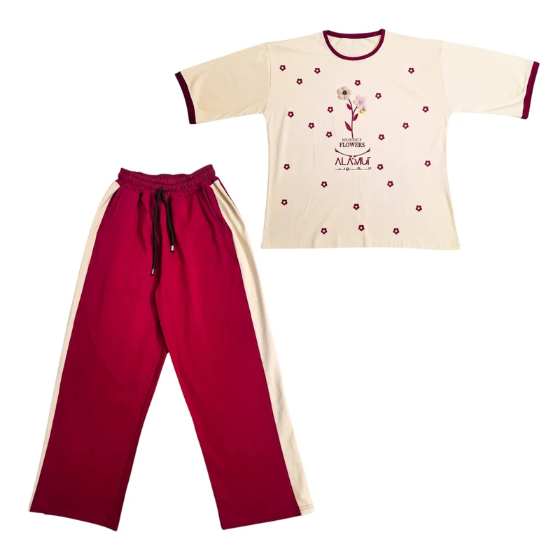 ست تیشرت آستین بلند و شلوار راحتی زنانه فینگول شاپ مدل بگی گل 5 پر برجسته