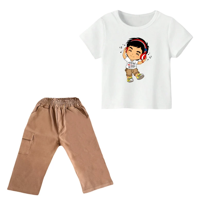 ست تی شرت و شلوارک پسرانه مدل پسرک هدفون  رنگ سفید