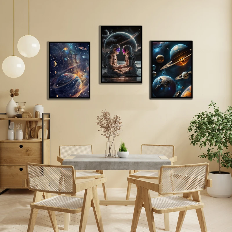 تابلو بکلیت مدل قاب شاسی طرح دکوراتیو کهکشان و منظومه شمسی کد B-MR-1074 مجموعه 3 عددی فریم مشکی