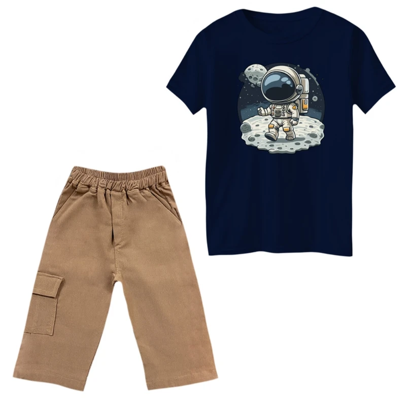 ست تی‌شرت و شلوارک پسرانه مدل فضانورد رنگ سرمه ای
