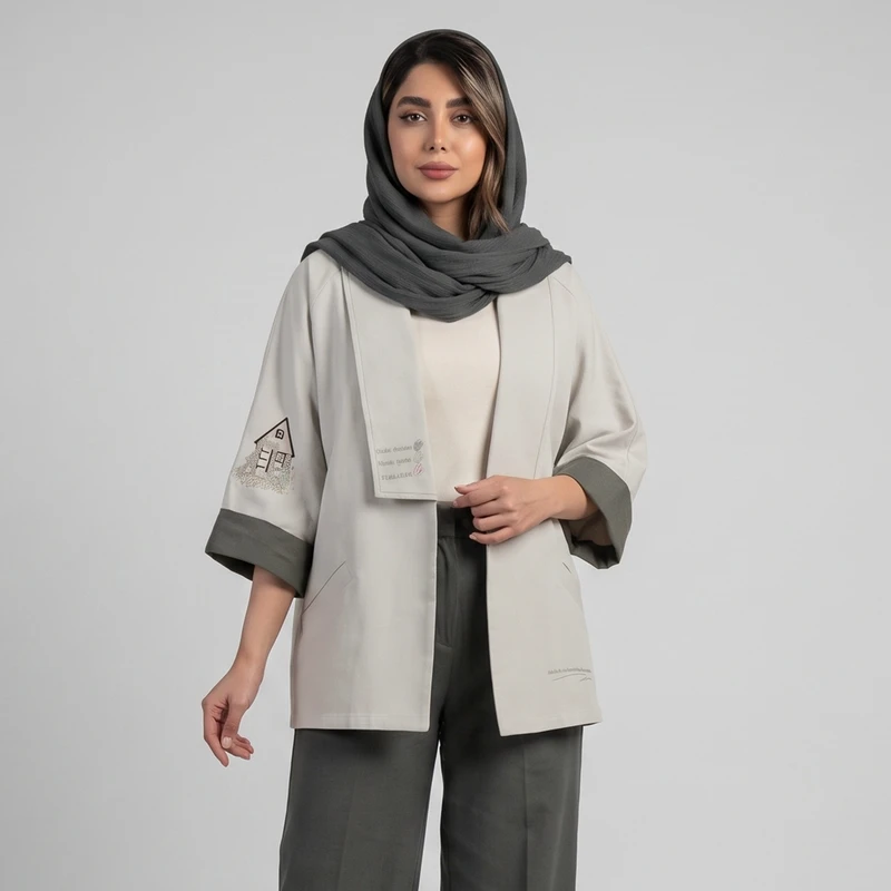 مانتو زنانه کتان طرح انتزاعی آستین سه ربع جلو باز فلای مدل 1002210