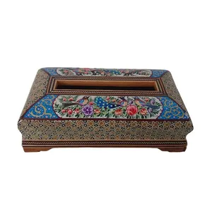 جعبه دستمال کاغذی خاتم کاری مدل گل و مرغ کد 024
