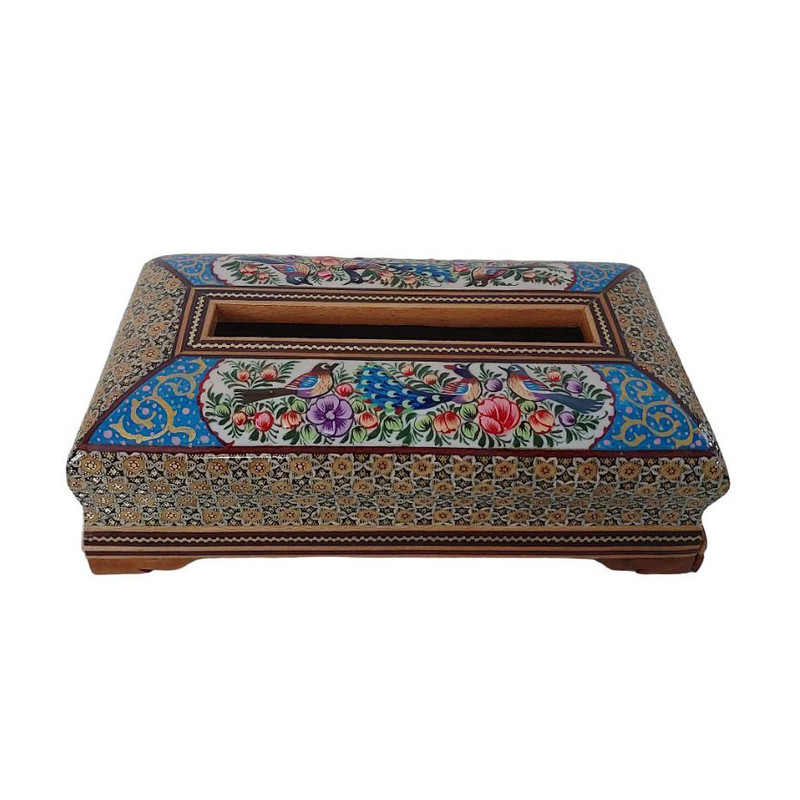 جعبه دستمال کاغذی خاتم کاری مدل گل و مرغ کد 024