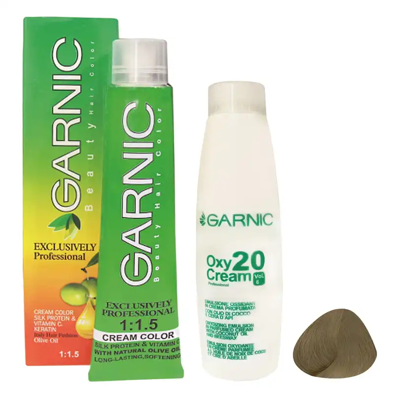 رنگ مو گارنیک شماره 7.1 حجم 120 میلی لیتر رنگ بلوند خاکستری به همراه اکسیدان گارنیک مدل 20vol شش درصدی حجم 180 میلی لیتر