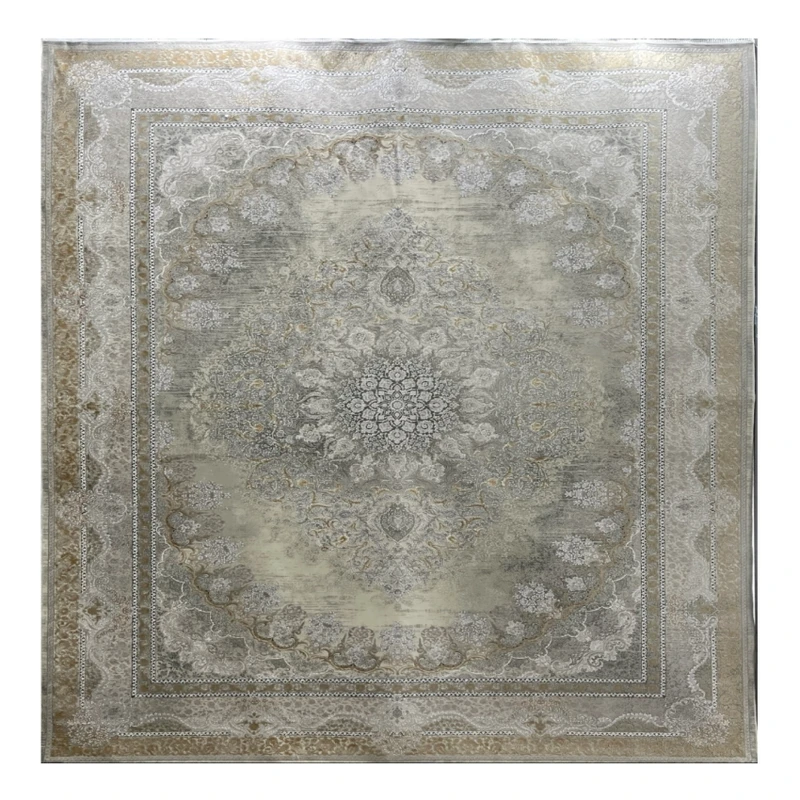 فرش ماشینی 1200 شانه زمینه کرم حاشیه نقره ای مدل نسرین